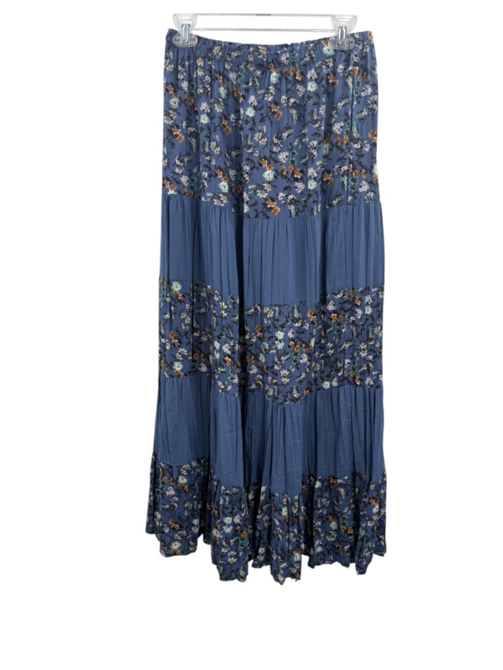 Solitaire Blue Floral Tiered Maxi Skirt Boho Cottagecore Flowing Elastic Waist - Picture 5 of 7